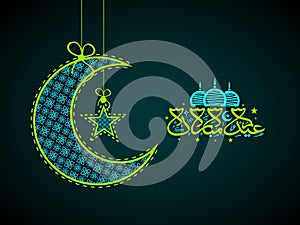 Crescent moon, star and Arabic text for Eid.