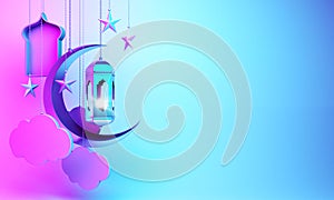 Crescent moon, star, hanging arabic lamp, window, cloud on studio lighting blue pink gradient background.