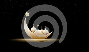 Crescent Moon and star with Mosques Dome on black background. for eid al-fitr, arabic, Eid al-adha, new year muharram. Ramadan photo