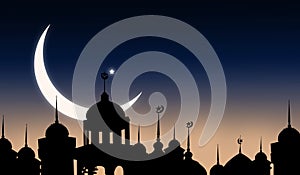 Crescent Moon and star with shadow Mosques Dome on twilight gradient background. for eid al-fitr, arabic, Eid al-adha, new year