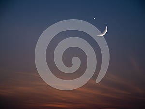 Crescent Moon Star on Sunset Background Ramadan Kareem Muslim Night Symbols,Landscape View Mubarak RamaZan Arabic Holy month