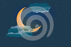 Crescent moon on starry sky background. Dreamy moonlight in night sky.
