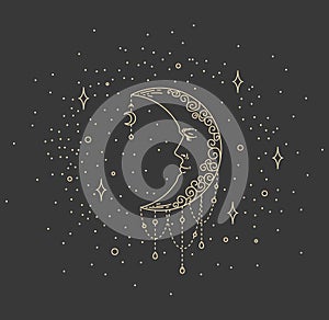 Crescent moon and stars in antique style line art and dotwork vector