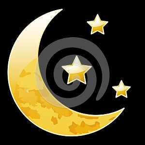 Crescent moon with stars on a black background