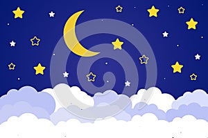 Crescent moon and stars with clouds on a dark background of the night sky. Paper art. Night scene background