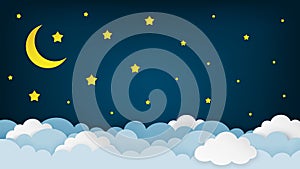 Crescent moon, stars, and clouds on the midnight sky background. Night sky scenery background. Paper art style.