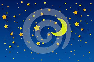 Crescent moon, stars, and clouds on the midnight sky background. Night sky scenery background. Paper art style. Vector