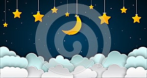 Crescent moon with stars and clouds in the night sky. Moon and stars paper style art background - vector