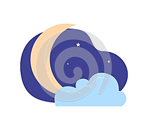 Crescent moon with stars and clouds on night sky. Simple celestial bodies for kids room decor vector illustration