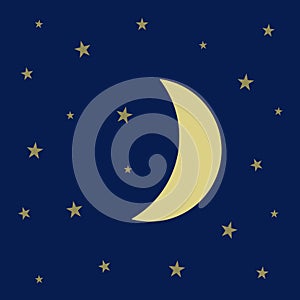 Crescent moon and stars on night sky background. Vector illustration.