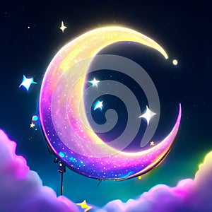 Crescent moon and stars in the night sky. Vector illustration. generative AI