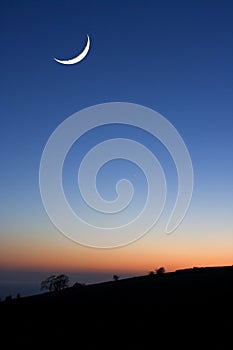 A crescent moon at sunset above