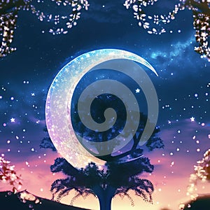 a crescent moon with a tree in the foreground and a night sky with stars and clouds in the background