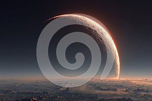 Crescent Planet with Orange Glow Over Cloudscape