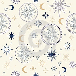 Crescent stars and sun seamless pattern