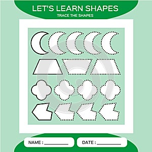 Crescent. Trapezium. Quatrefoil. Polygon. Basic geometric shapes for children. Learn Shapes. Handwriting practice. Trace