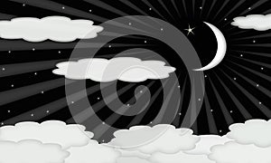 Cresent Moon and Stars on Cloudy Night