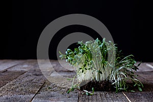 Cress on old kitchen table, black background