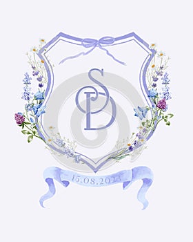 Painted wedding monogram SD initial. Watercolor crest levender flower frame