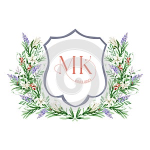 Painted wedding monogram MK initial watercolor wedding crest. photo