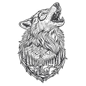 Wolf hunting black and white drawing design template