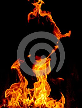 Crest of flame on burning wood in fireplace