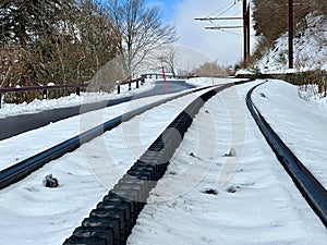 Crest Path of Puy de Dome with Cogwheel Train Tracks in Snowy Winter Setting