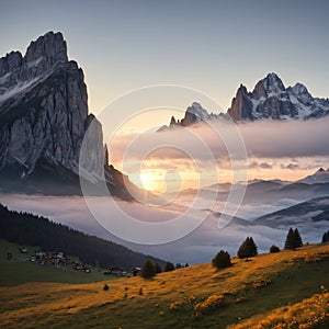 Cresta di Enghe mountain range at foggy summer morning. Dolomites mountains, Italy, Europe. made with Generative AI photo