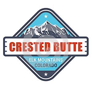 Crested Butte, Colorado - Elk Mountains resort stamp, emblem with snow covered rock