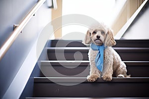 crestfallen dog with a blue scarf sitting on a quiet corporate staircase