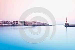 Crete,Chania,View of harbour with city