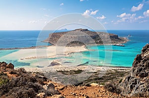 Crete coast, Balos bay, Greece. Amazing sand strand, sea of turquoise and blue colors with the ship. Popular touristic resort.