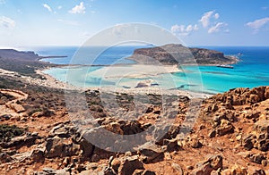 Crete coast, Balos bay, Greece. Amazing sand strand, sea of turquoise and blue colors with the ship. Popular touristic resort.