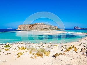 Crete, Greece: Balos lagoon paradisiacal view of beach and sea, one of the most tourist destinations on west of Crete.