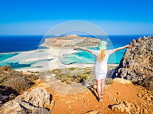 Crete, Greece: Blonde beautiful girl enjoying the beautiful views of Balos lagoon