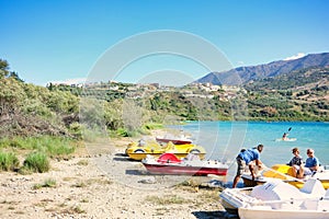 CRETE, GREECE - CIRCA SEPTEMBER, 2015: Pedal Boats on the beach of Lake Kournas, Crete