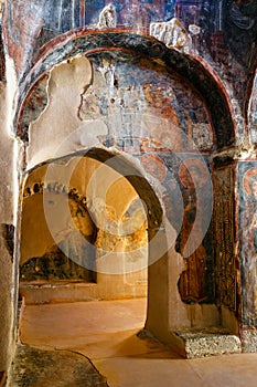 Interior of the three-aisled Byzantine Church Panagia Kera in the village Kritsa, Crete, Greece