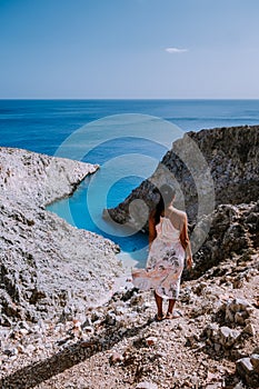 Crete Greece Seitan Limania beach with huge cliff by the blue ocean of the Island of Crete in Greece, Seitan limania