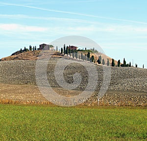Typical Tuscan landscape of hills  buildings and green cyprus trees  Siena Tuscany Italy photo
