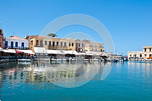 CRETE,RETHYMNO-JULY 23: The old venetian harbour with the various bars and restaurants in Rethymno city on July 23,2014 on the isl