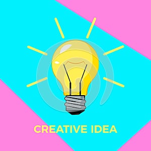 Cretive idea cartoon bulb with rays. Bisiness solution concept. Burning light bulb with surreal color background. Vector
