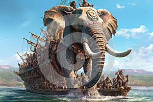 A crew of adventurous elephant pirates, their massive frames adorned with vibrant beadwork animal pirate illustration generative