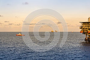 A crew boat maneuvering at offshore oil field