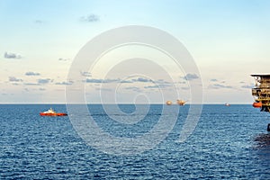 A crew boat maneuvering at offshore oil field