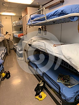 Crew dorm rooms inside Her Royal Majesty Yacht Britannia of the British monarch, Queen Elizabeth II