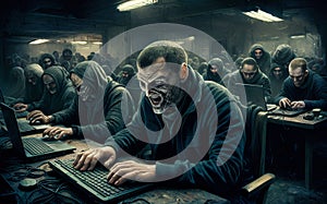 Crew of grotesque computer hackers sitting at keyboards with cloaking hoodies