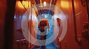 A crew member on an oil tanker makes their way through locked steel doors and reinforced security checkpoints to access