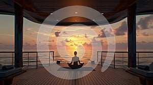 A crew member practicing yoga on the deck of the ship finding solace and inner peace amidst the constant motion of the