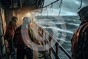 Crew Members Battling To Secure Cargo In Storm. Generative AI