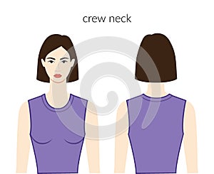 Crew neckline clothes knits, sweaters character beautiful lady in violet top, shirt dress technical fashion illustration